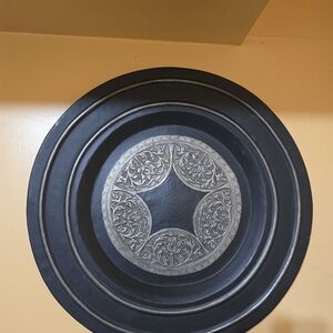 Metal Wall Plate Platter Centerpiece Tray Embossed Stamped Floral Design Hanger